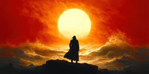 Silhouette of a lone figure standing on rocky terrain under a large bright sun with dramatic fiery red and orange sky and swirling clouds