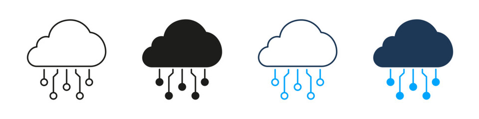 Cloud Computing with Data Rainfall Line and Solid Icon Set. Digital Storage Network Technology Internet Server Transfer Symbol Collection. Isolated Vector Illustration