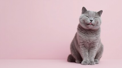 Smiling Grey Cat with Tongue Out Sitting on Pink Background