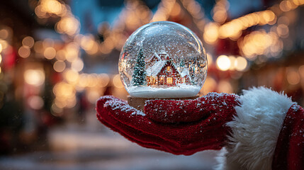 Santa's red glove holds a snow globe featuring a miniature Christmas scene, surrounded by festive lights and a winter atmosphere, evoking holiday cheer and nostalgia
