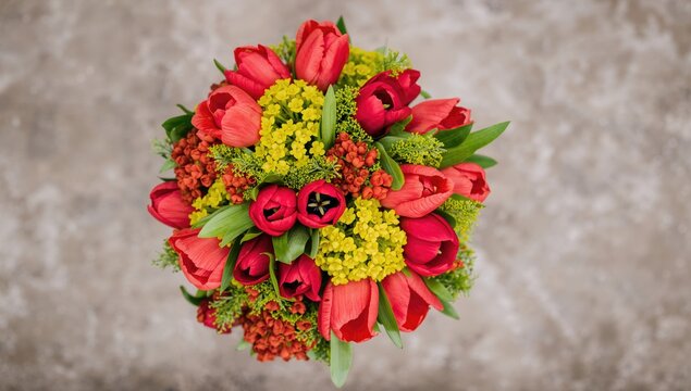 A bouquet featuring vibrant red tulips with mimosa foliage, ideal for spring decoration