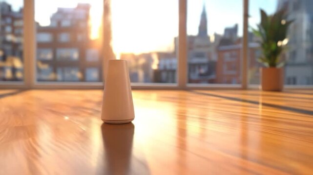Modern aroma diffuser emitting delicate vapor on polished wooden floor illuminated by warm sunset light streaming through large window