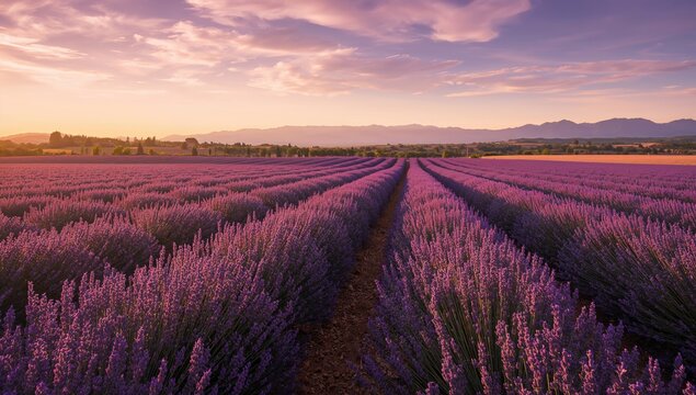 Lavender fields in a summer landscape at sunset, seasonal change