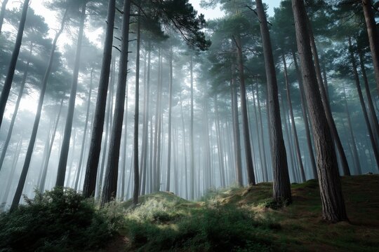 Misty forest morning with sunlight through tall pine trees