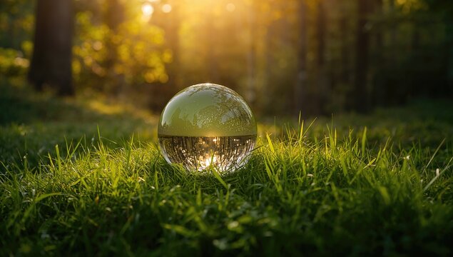 Globe Glass resting on lush green grass illuminated by sunlight, promoting environmental awareness, Earth Day