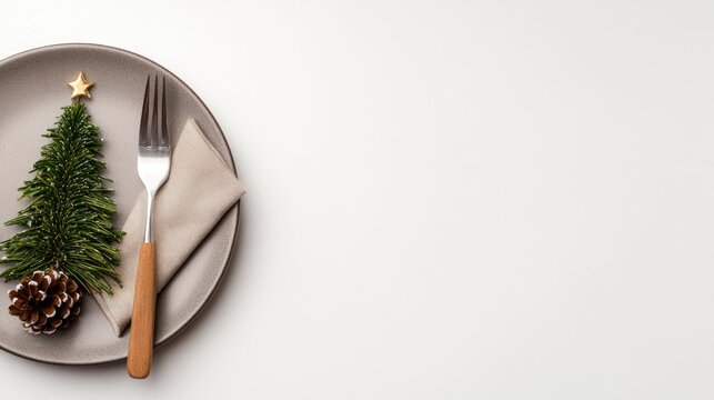 Elegant Christmas table setting featuring silver cutlery and a festive napkin in the shape of a Christmas tree for a minimalistic holiday celebration