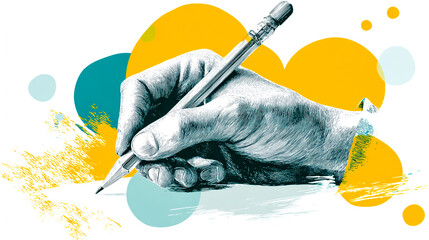 Illustration of a hand holding a pencil, against a white background