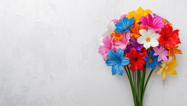 Colorful plastic flower arrangement on textured white concrete surface, suitable for editorial header background