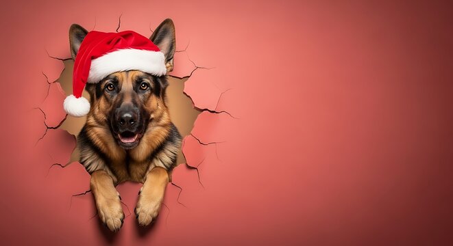 Festive German Shepherd Dog Bursting Through a Red Wall.
