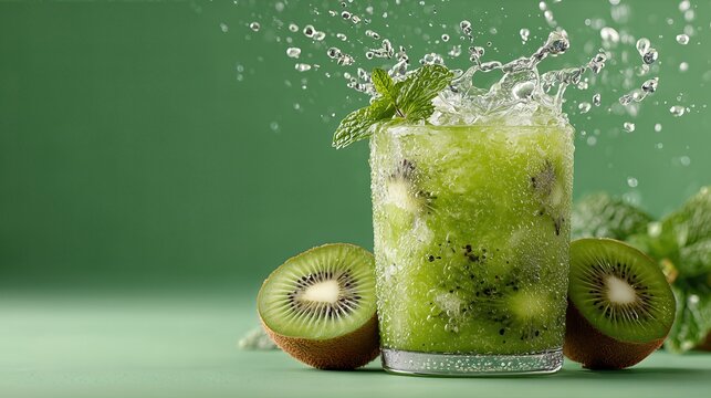 Refreshing Kiwi Drink With Splash, Ice Cubes And Mint. Green Background. Summer Beverage Visuals, Cocktail Bar Menu, Health Detox Concept - Powered by Adobe