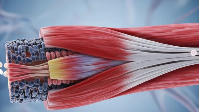 Detailed Illustration of Muscle Fiber Structure and Contraction Mechanism in Human Anatomy