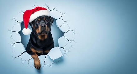 Festive Rottweiler Dog Bursting Through Wall Wearing Santa Hat.