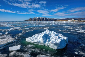 A large iceberg floats in icy Arctic waters amidst scattered ice floes.
