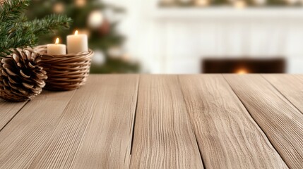 Naklejka premium Cozy holiday atmosphere with a rustic wooden tabletop and festive decorations in a blurred living room setting