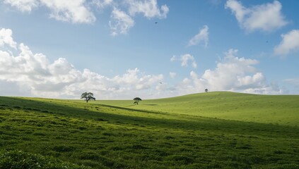 Naklejka premium Lush green fields blanket the hills, highlighting seasonal change