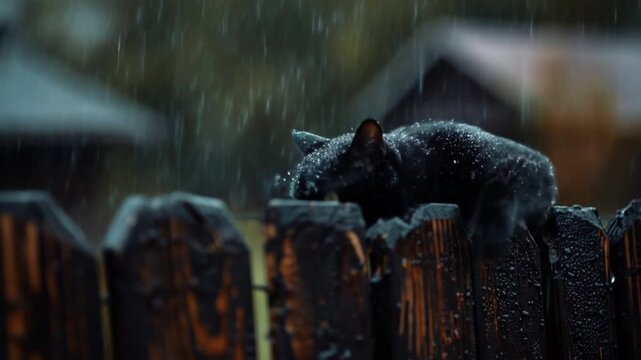 Wet black cat perches on a rustic wooden fence during a rainy day, with drops falling and blurring the background.