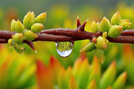 Thorny branch with vibrant green buds and a clear water droplet reflection.
