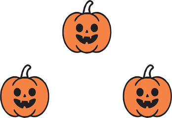 Set of three Halloween pumpkin icons with smiling jack-o’-lantern faces. Simple orange vector illustration.