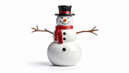 Festive ceramic snowman figurine with blue top hat, scarf, twig arms, and glossy finish on white surface for editorial winter photography holiday decor and poetic nostalgia-themed visuals