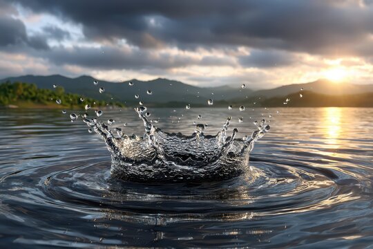 Dramatic water splash creating ripples on a tranquil lake surface at golden hour sunset.