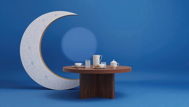 Fasting table for Ramadan, a modern blue background juxtaposed with a crescent-shaped wooden table, thematic design for Eid al-Fitr
