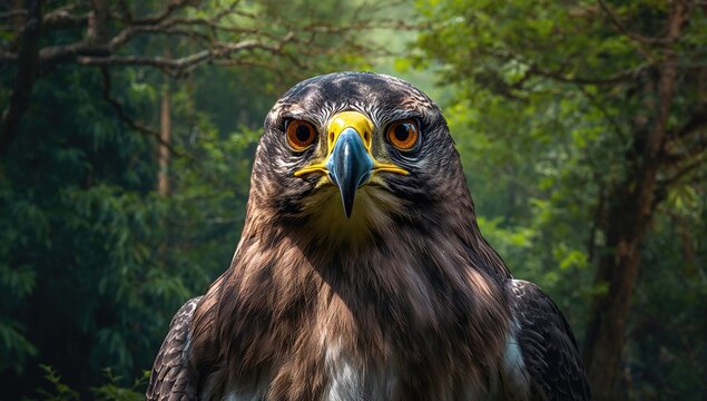 Close-up of a Javan hawk-eagle's head, showcasing intricate feather details, wildlife observation