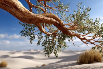Vibrant green leaves on a sturdy branch above sunlit desert dunes and a clear blue sky.