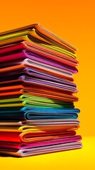 Stack of colorful folded papers on vibrant orange background for modern design, organization, business and creativity concept, A neatly stacked pile of colorful folded papers on a bright background