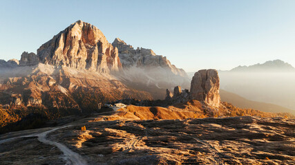 Beautiful sunlight. Five towers Cinque Torri mountains majestic landscape of nature in Italy