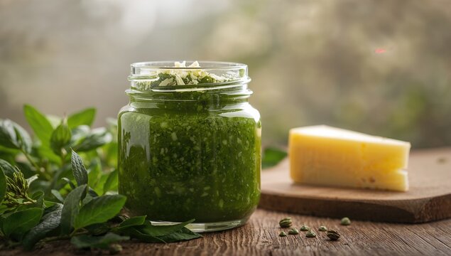 A jar filled with homemade pesto crafted from fresh ground elder leaves, highlighting a fiber-dense choice, spring