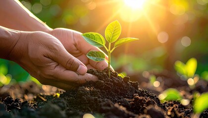 Close Up Shot of Hands Planting a Seedling in Soil with Golden Sunlight Creating a Warm Atmosphere Symbolizing Growth and Environmental Care