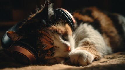 Cute calico cat sleeping peacefully with oversized headphones resting on its head, capturing a serene and adorable moment of relaxation and bliss