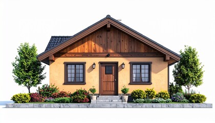 Modern house with pitched roof, white facade, wooden accents, and symmetrical landscaping for editorial architecture photography residential design decor and poetic structure-themed visuals