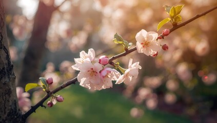 Obraz premium Peach tree blossoms in spring with gentle pink petals on a garden branch, softly focused.