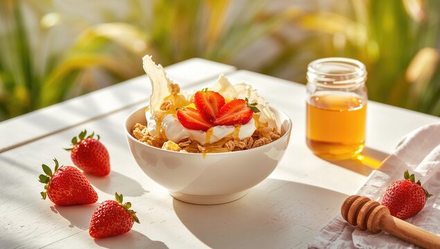 Healthy cereal breakfast featuring fresh strawberries and honey, fiber-dense choice