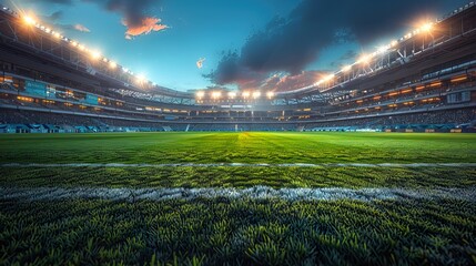 Empty football stadium with green grass field under bright evening lights, generative ai