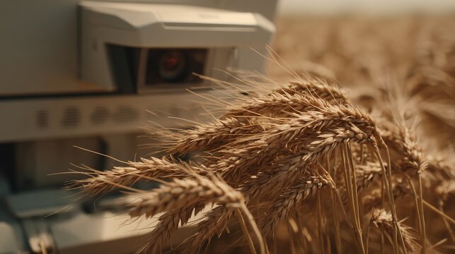 close-up illustration of ripe grains or fruits being carefully scanned by an agricultural drone's optical sensor, ensuring quality and readiness for harvest in modern agriculture. The focus 