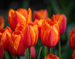 Close Up Shot of Vibrant Orange and Red Tulips in a Garden with Green Foliage During Daylight