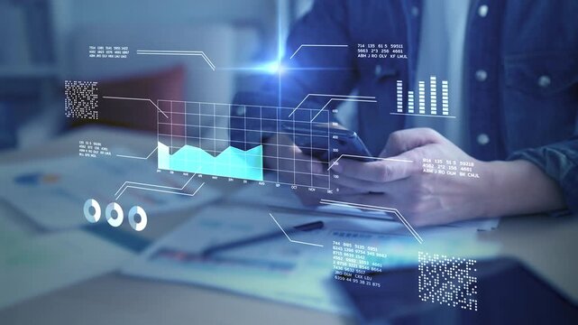 Businessman analyzing virtual data futuristic holographic dashboard business intelligence BI financial analysis big data visualization. stock market investment trends financial performance statistics - Powered by Adobe