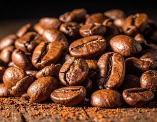 Close Up Shot of Roasted Coffee Beans with Brown Shavings on Rustic Wooden Surface in Warm Light Detailed Texture and Dark Background