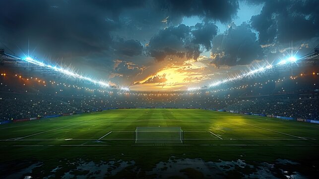 Football stadium illuminated under dramatic sunset sky before night match, generative ai
