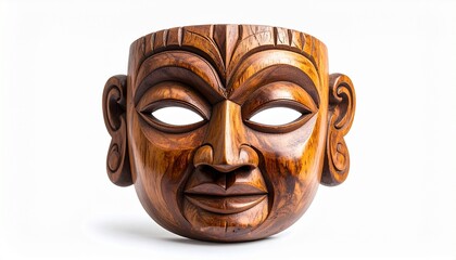 Carved wooden mask with serene expression and intricate detailing for editorial cultural photography traditional art decor and poetic introspection-themed visuals