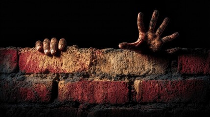 Hands Reaching Over Old Brick Wall. Dramatic Lighting Concept For Fear, Escape, Conflict, Survival, Border, Social Issues, Horror Visuals