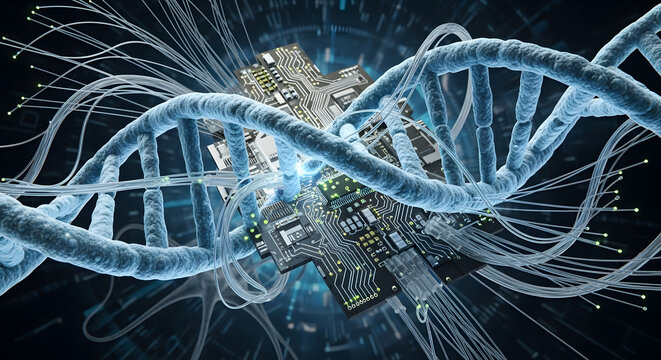 Digital DNA strand combined with futuristic circuit board technology concept - Powered by Adobe