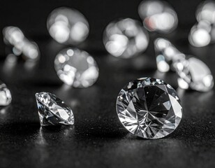 Close Up Sparkling Diamonds on a Dark Sleek Surface in Bright Daylight with Clean Facets and Precise Cuts Luxury and Precious Gemstones