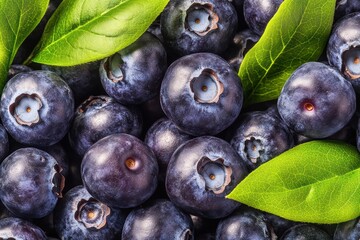 Fototapeta premium Fresh blueberries with green leaves create vibrant graphic layouts for advertising purposes