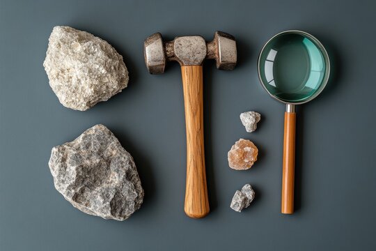 Graphic layouts showcasing tools and materials for rock collecting and analyzing