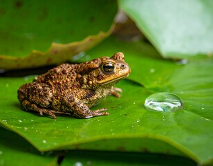 Obraz premium Brown toad perched on a green lily pad, near a droplet of water