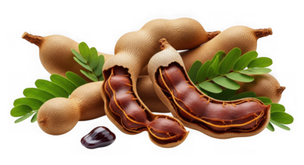 Fresh tamarind pods with green leaves and open pulp on white