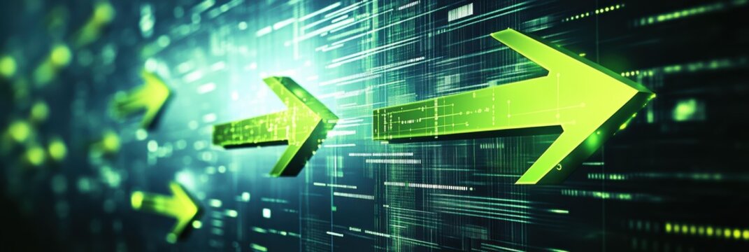 Abstract graphic design showcasing dynamic green arrows on a digital background